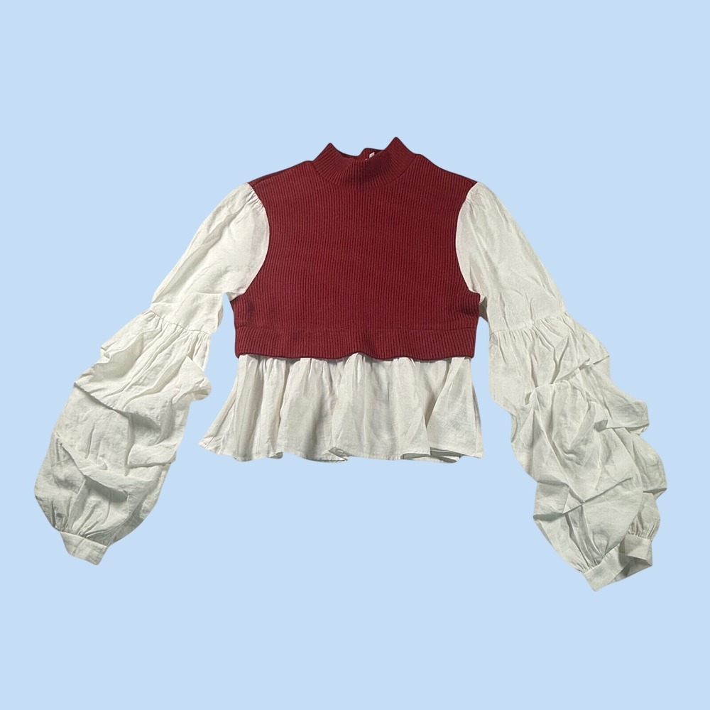 Anthropologie Red Ribbed Mock Neck Top White Ruffle Balloon Sleeve Mixed Media S